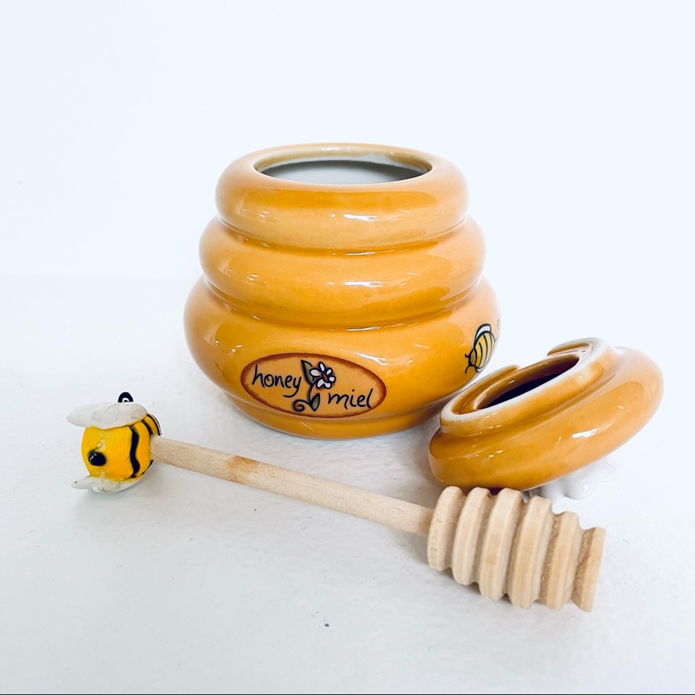 Honey Miel Honey Pot and Dipper Ceramic